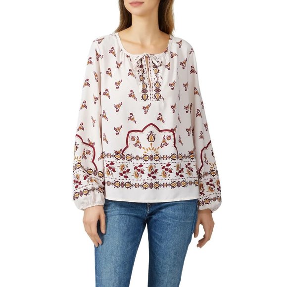 Bobeau Top Floral Print Peasant Pink Tie V Neck Long Sleeve Boho - Picture 1 of 12